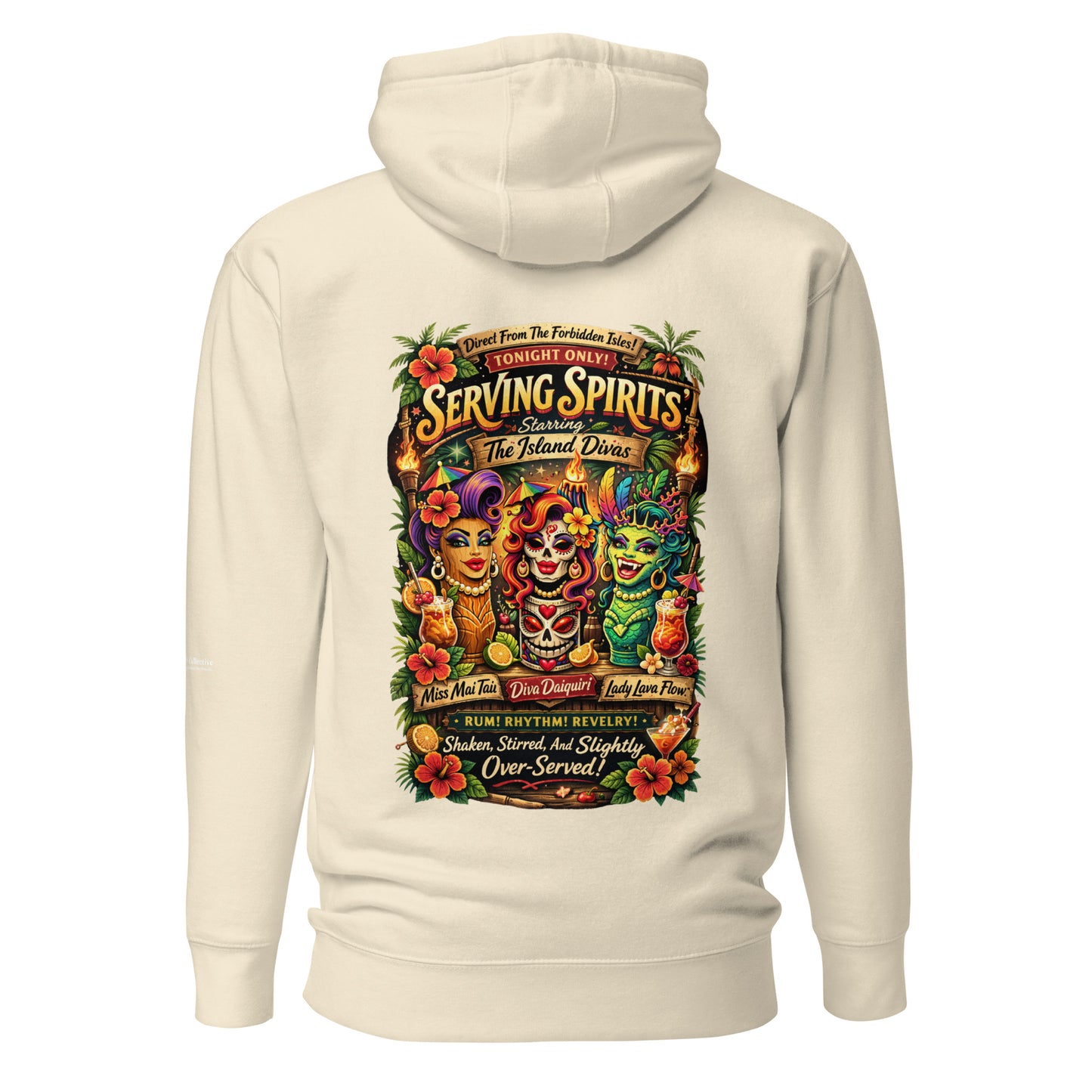Serving Spirits Retro Tiki Hoodie — bone, back view, queer-owned PNW Pride apparel