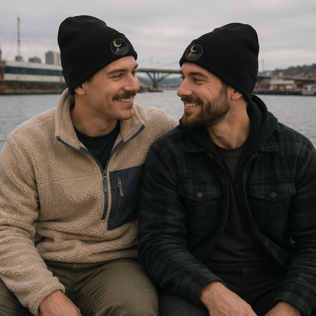 MoonWrought Embroidered Beanie at a Pacific Northwest ferry terminal — queer-owned PNW Pride apparel, front view