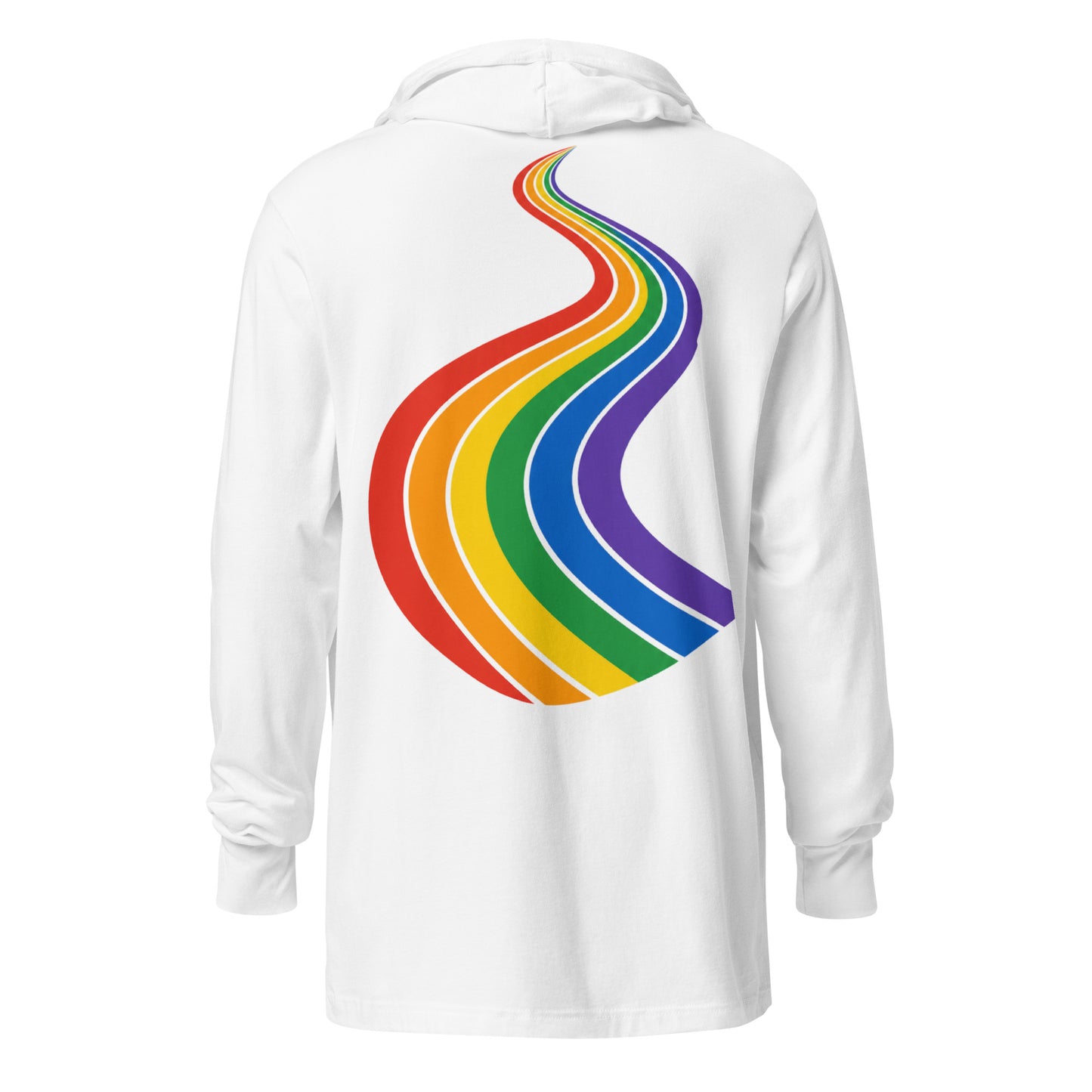 ProudPath Hooded Long Sleeve Tee — white, back view, queer-owned PNW Pride apparel