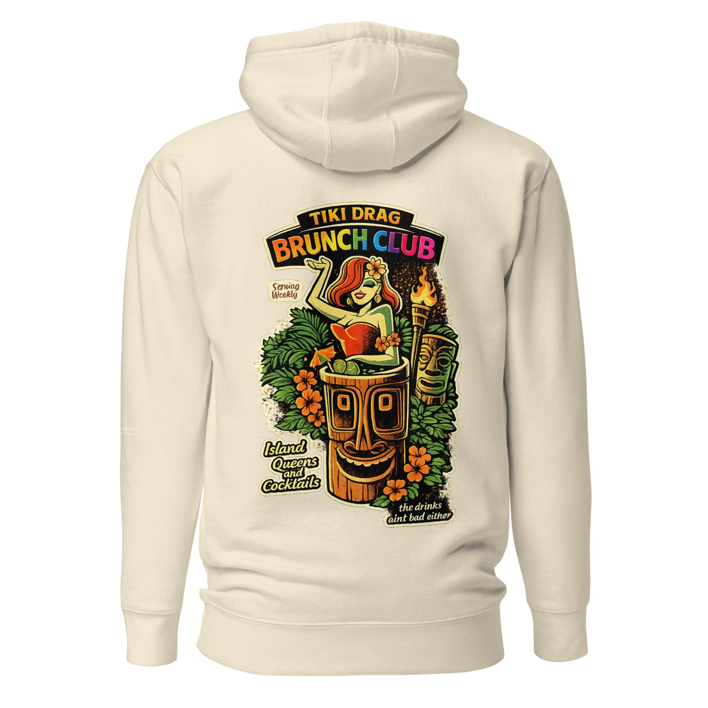 Tiki Drag Brunch Hoodie — bone, back view, queer-owned PNW Pride apparel