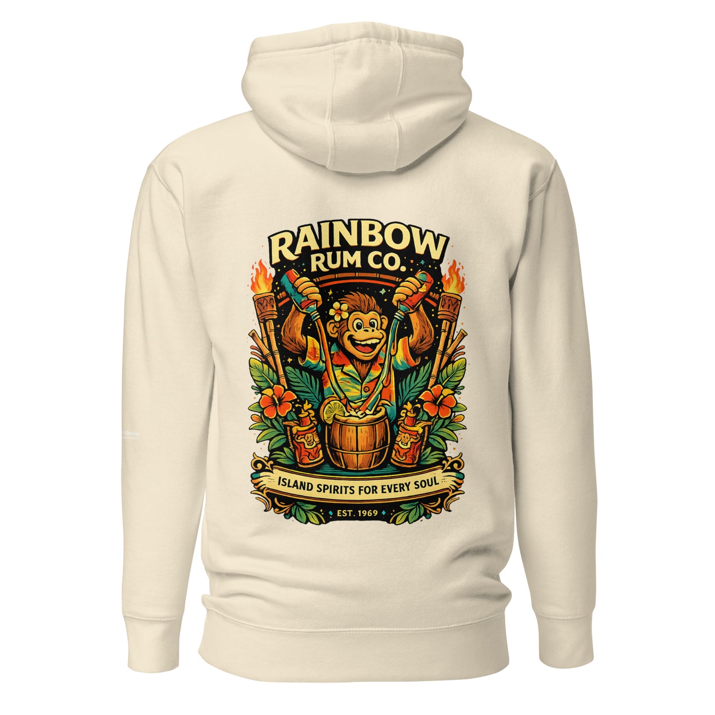Rainbow Rum Hoodie — bone, back view, queer-owned PNW Pride apparel