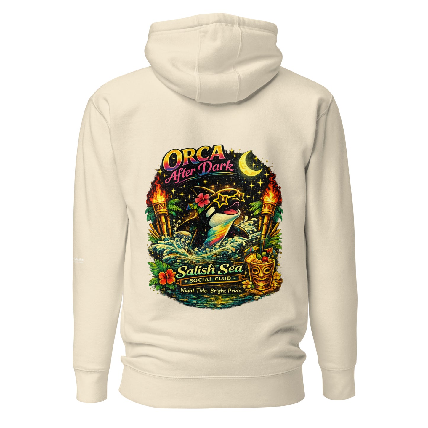 Orca After Dark Hoodie — bone, back view, queer-owned PNW Pride apparel