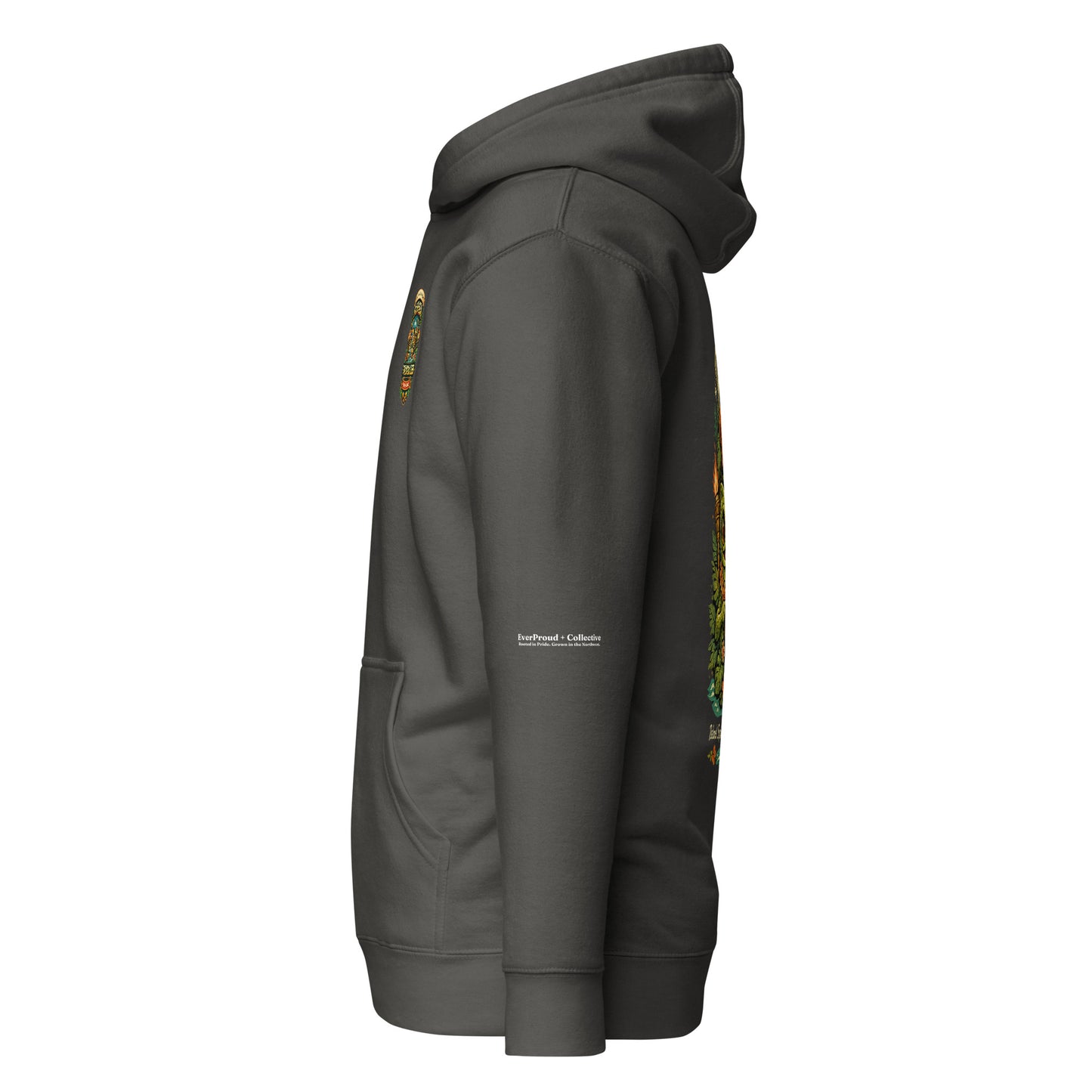 Pride Punch Hoodie — vintage black, left view, queer-owned PNW Pride apparel