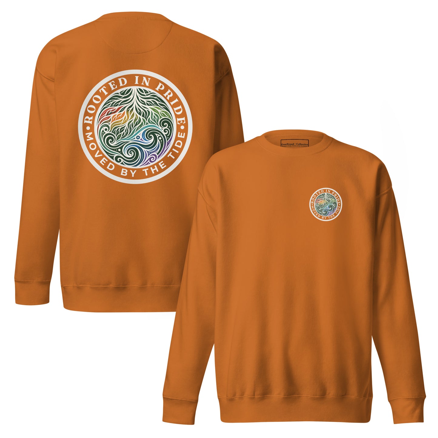 Moved by the Tide Sweatshirt — adobe, front and back view, queer-owned PNW Pride apparel