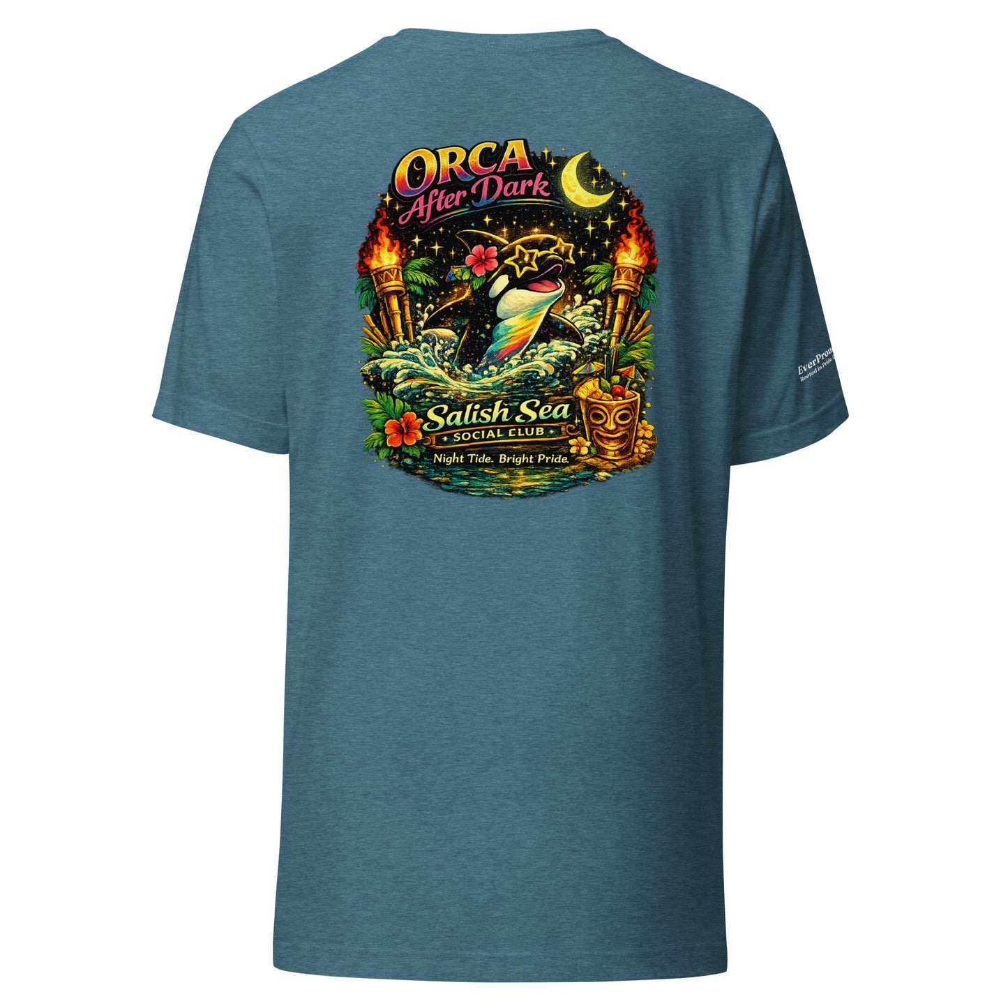Orca After Dark T-Shirt — heather deep teal, back view, queer-owned PNW Pride apparel