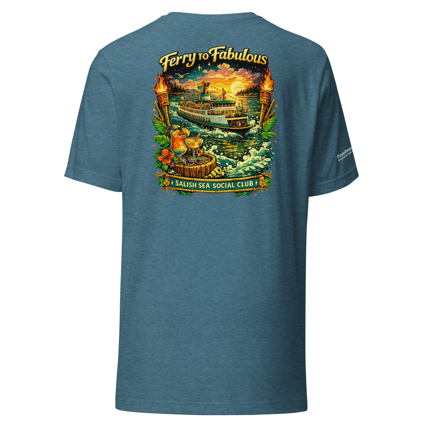 Ferry to Fabulous T-Shirt — heather deep teal, back view, queer-owned PNW Pride apparel