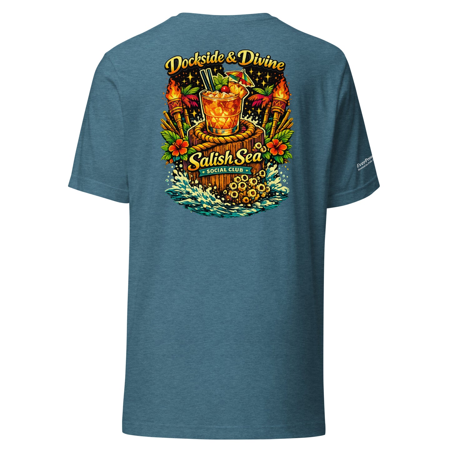 Dockside Divine T-Shirt — heather deep teal, back view, queer-owned PNW Pride apparel