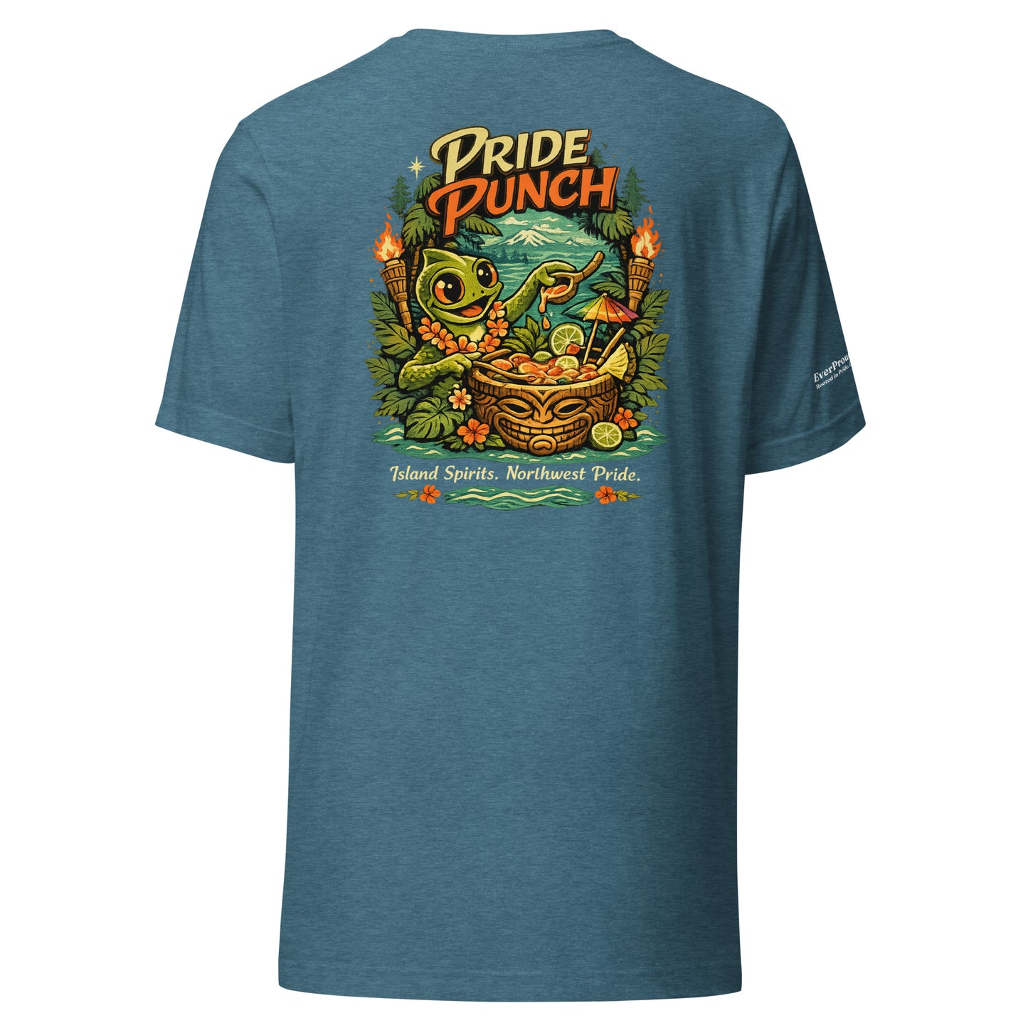 Pride Punch T-Shirt — heather deep teal, back view, queer-owned PNW Pride apparel