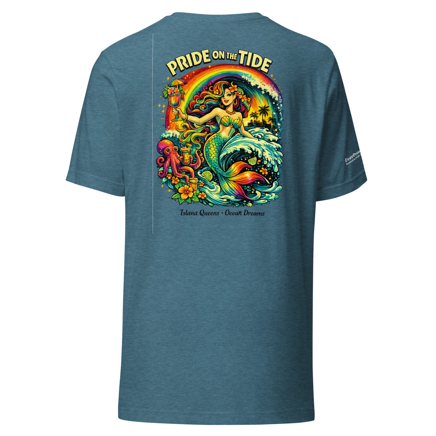 Pride on the Tide T-Shirt — heather deep teal, back view, queer-owned PNW Pride apparel