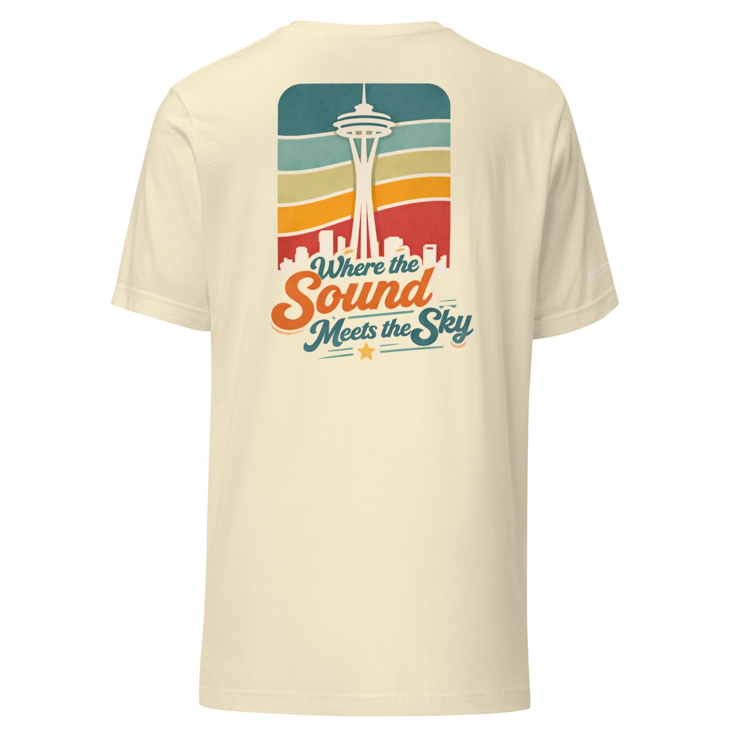 Where the Sound Meets the Sky T-Shirt — natural, back view, queer-owned PNW Pride apparel