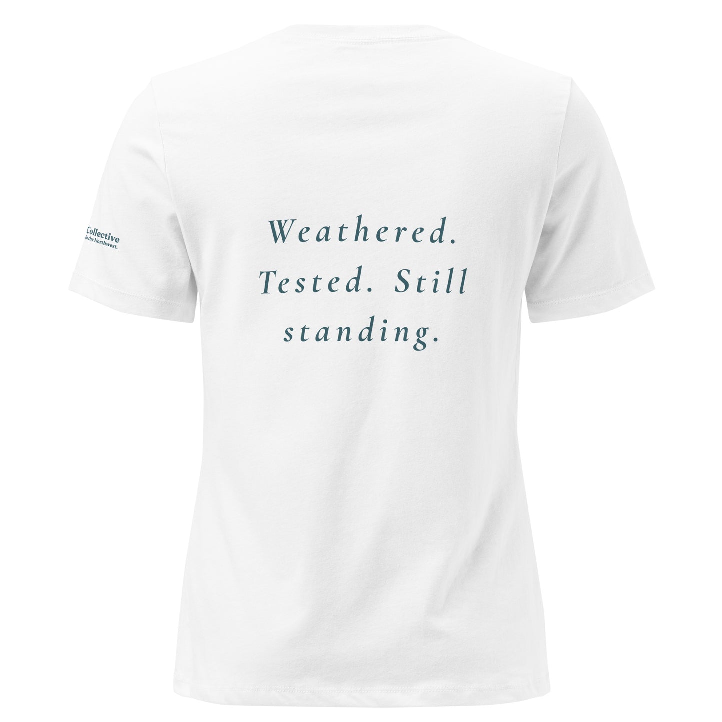 Endure Women's Relaxed T-Shirt — white, back view, queer-owned PNW Pride apparel