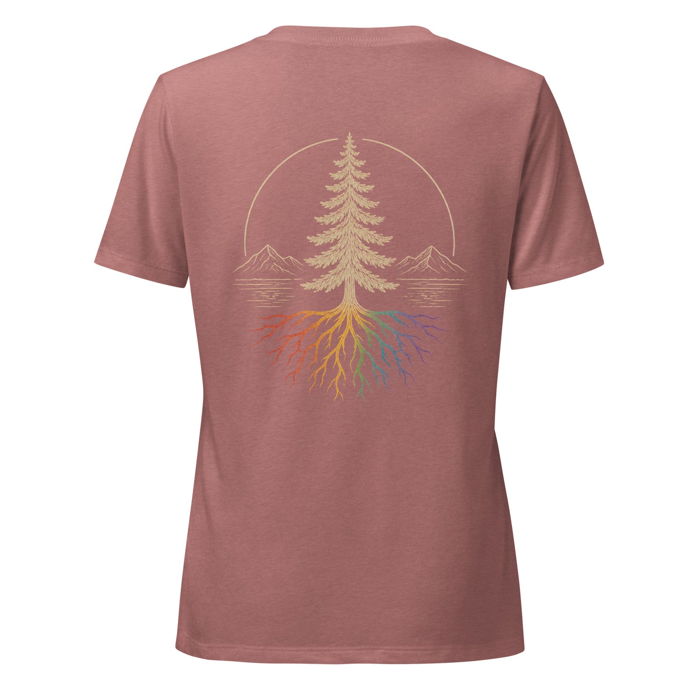 Beneath the Canopy Women's Relaxed V-Neck T-Shirt — heather mauve, back view, queer-owned PNW Pride apparel