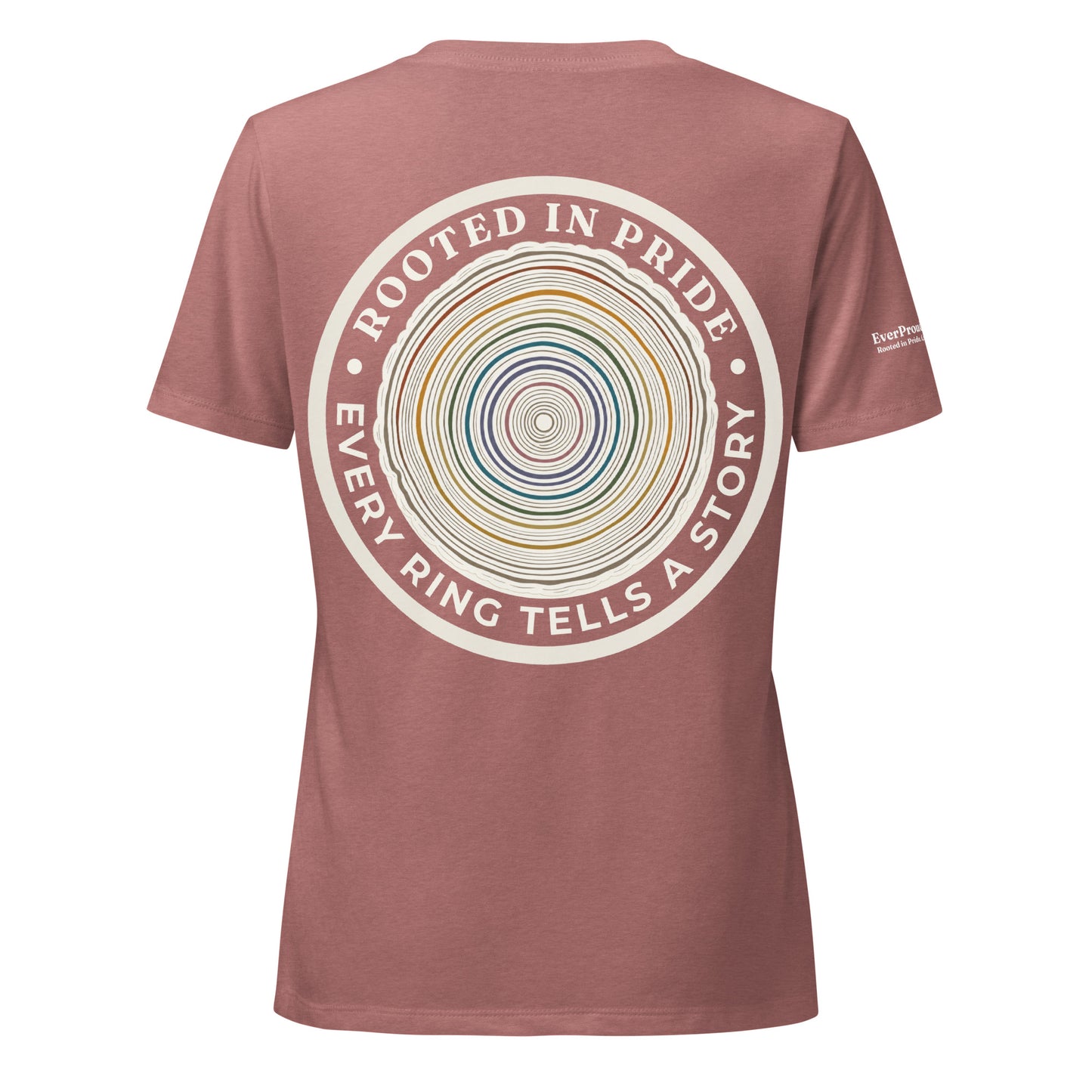 Quiet Rings Women's Relaxed V-Neck T-Shirt — heather mauve, back view, queer-owned PNW Pride apparel