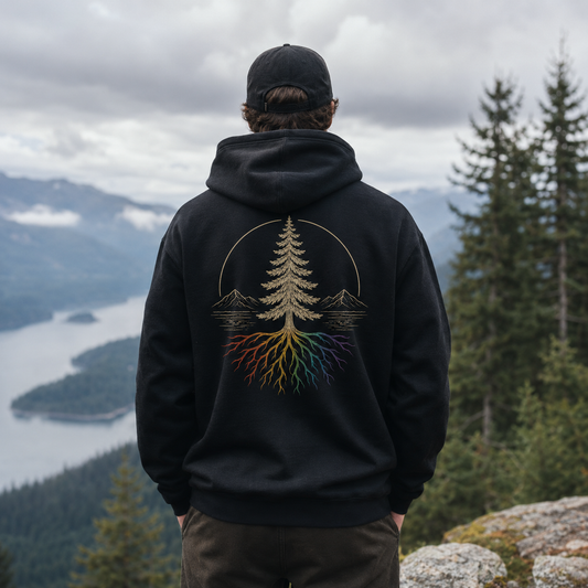 Beneath the Canopy Hoodie — queer-owned Pacific Northwest LGBTQ+ Pride apparel, back view