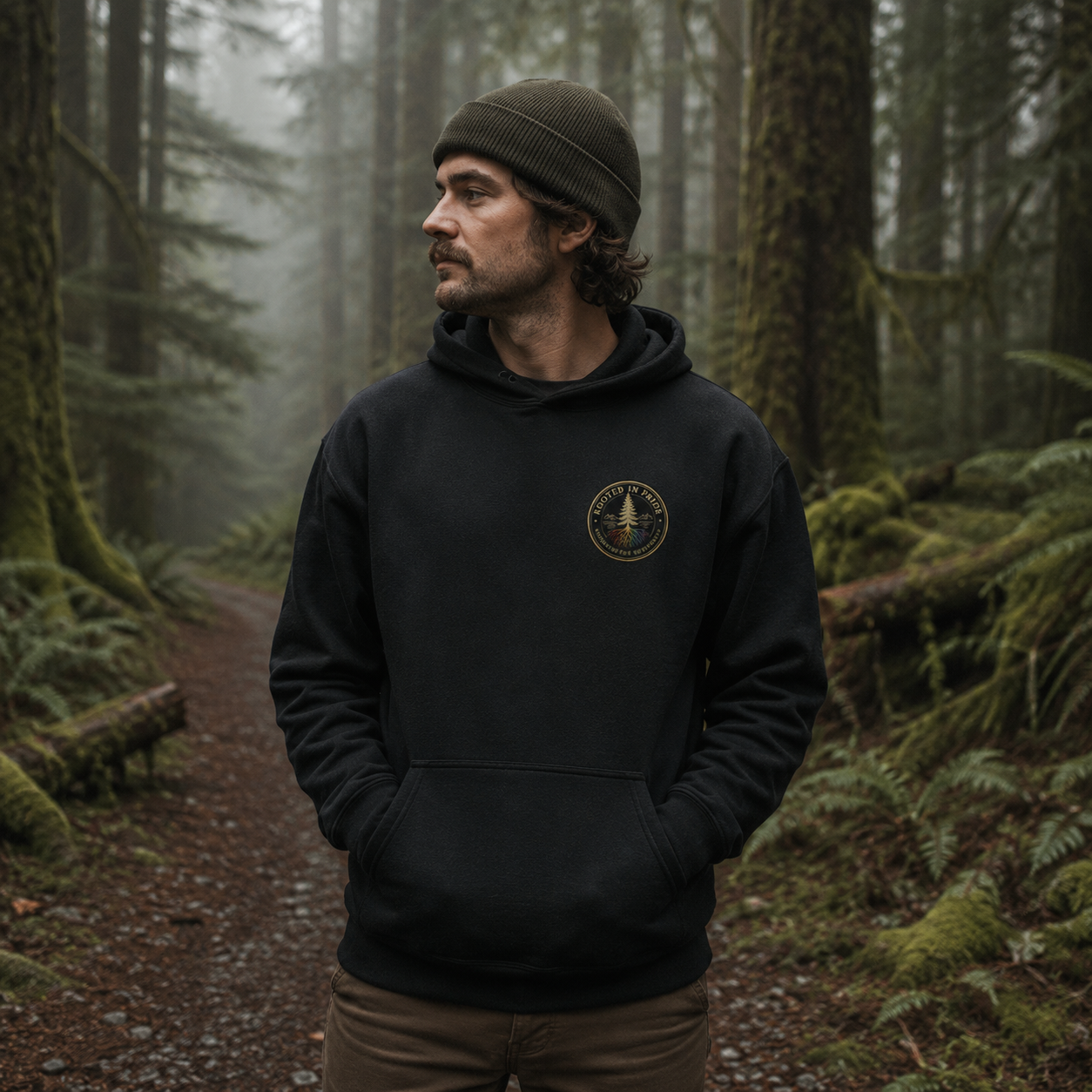 Beneath the Canopy Hoodie — queer-owned Pacific Northwest LGBTQ+ Pride apparel, front view