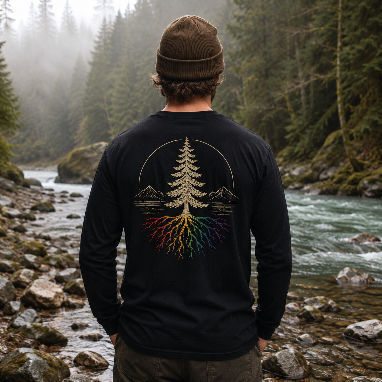 Beneath the Canopy Long Sleeve Tee — queer-owned Pacific Northwest LGBTQ+ Pride apparel, back view