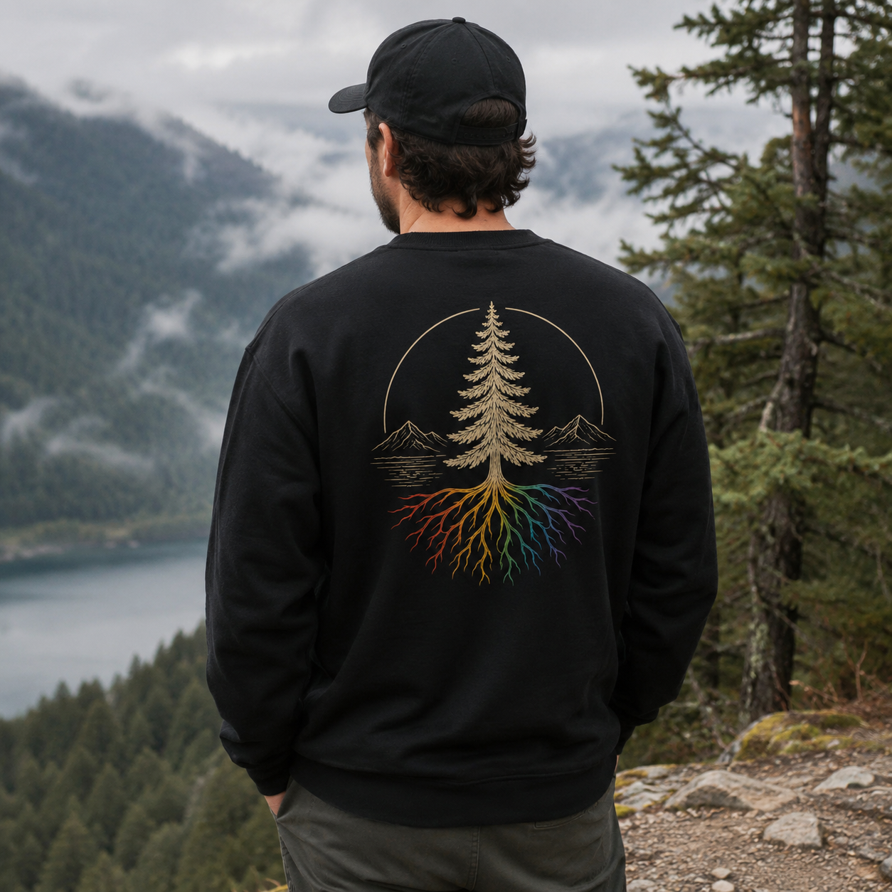 Beneath the Canopy Sweatshirt — queer-owned Pacific Northwest LGBTQ+ Pride apparel, back view