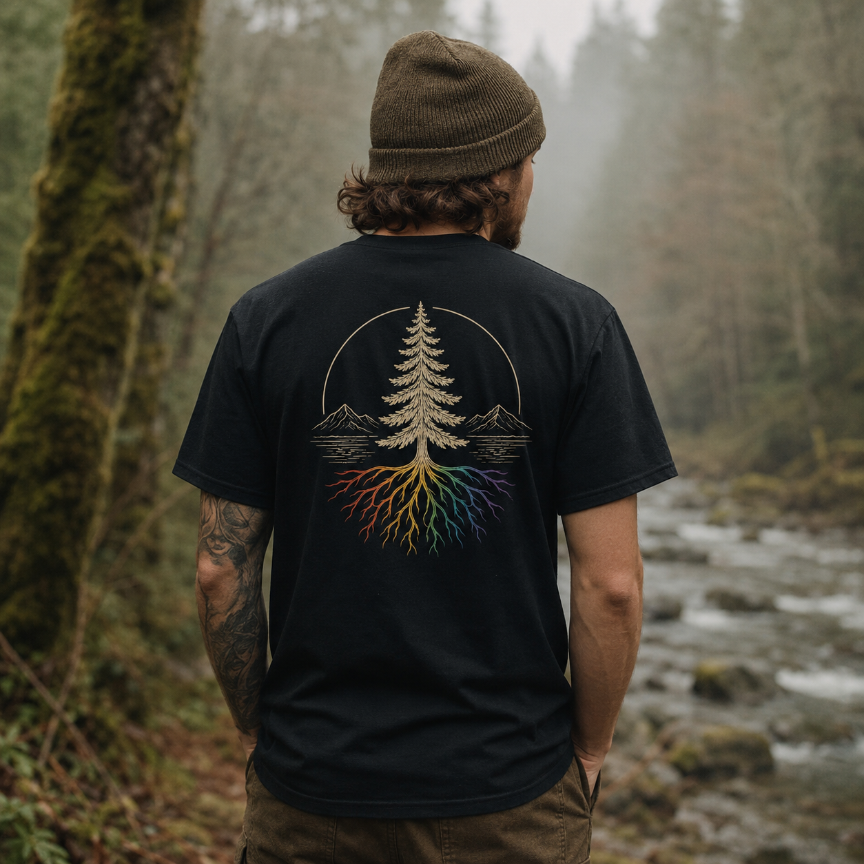 Beneath the Canopy T-Shirt — queer-owned Pacific Northwest LGBTQ+ Pride apparel, back view
