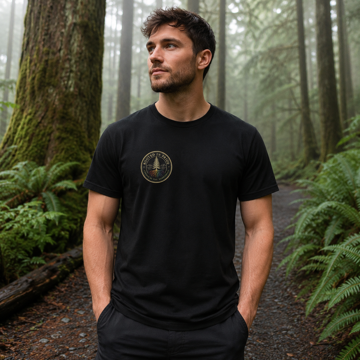 Beneath the Canopy T-Shirt — queer-owned Pacific Northwest LGBTQ+ Pride apparel, front view