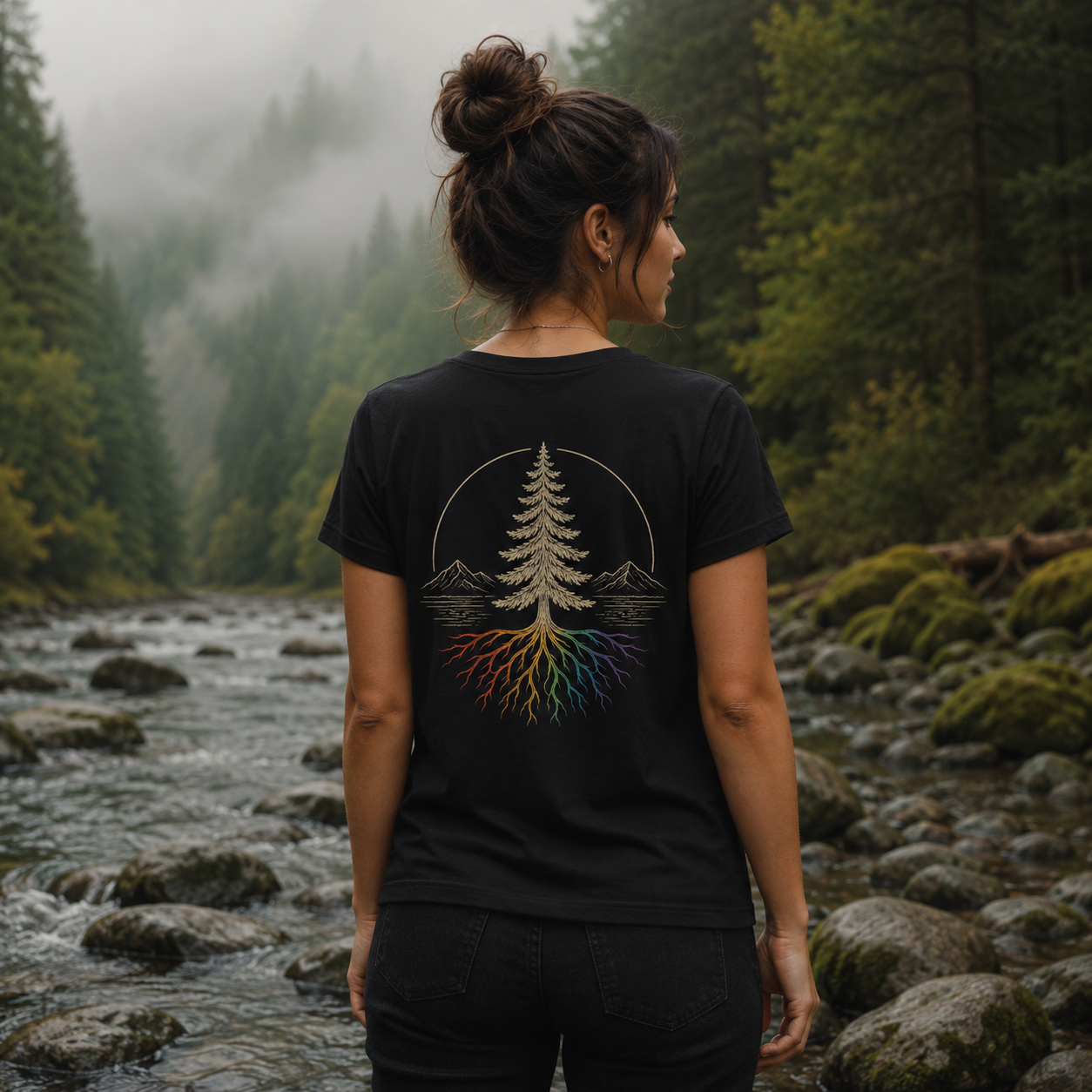 Beneath the Canopy Women's Relaxed V-Neck T-Shirt — queer-owned Pacific Northwest LGBTQ+ Pride apparel, back view