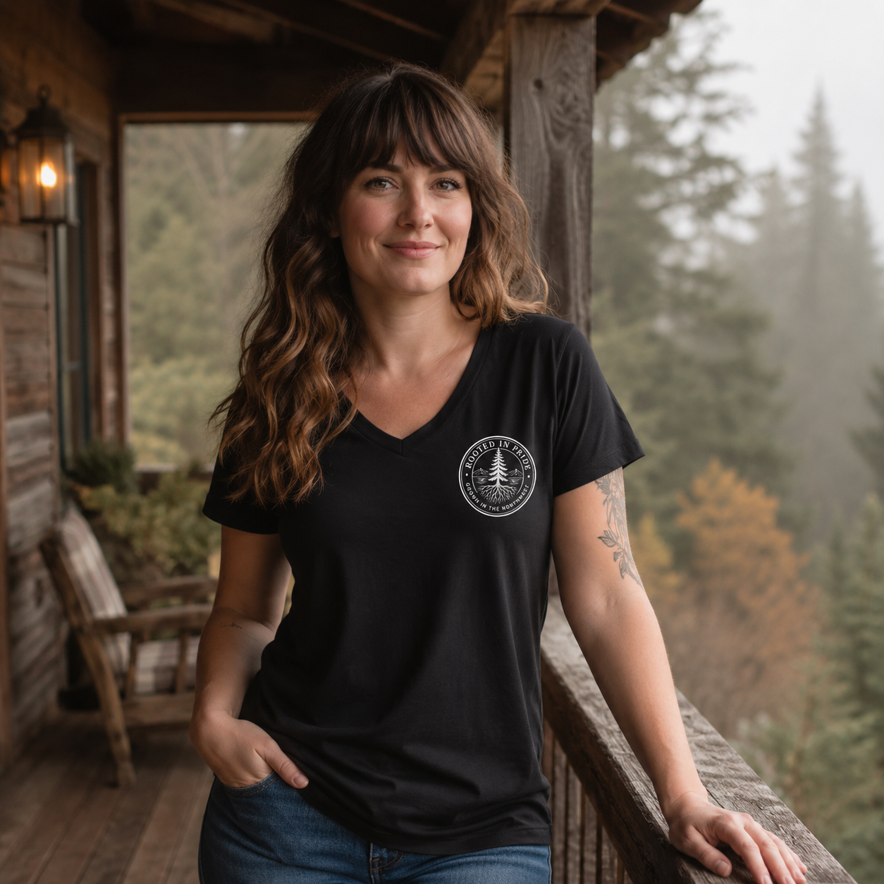 Beneath the Canopy Women's Relaxed V-Neck T-Shirt — queer-owned Pacific Northwest LGBTQ+ Pride apparel, front view