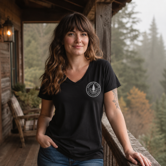 Beneath the Canopy Women's Relaxed V-Neck T-Shirt — queer-owned Pacific Northwest LGBTQ+ Pride apparel, front view