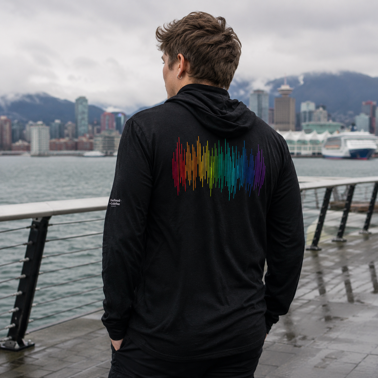 PrideFall Hooded Long Sleeve Tee — queer-owned Pacific Northwest LGBTQ+ Pride apparel, back view