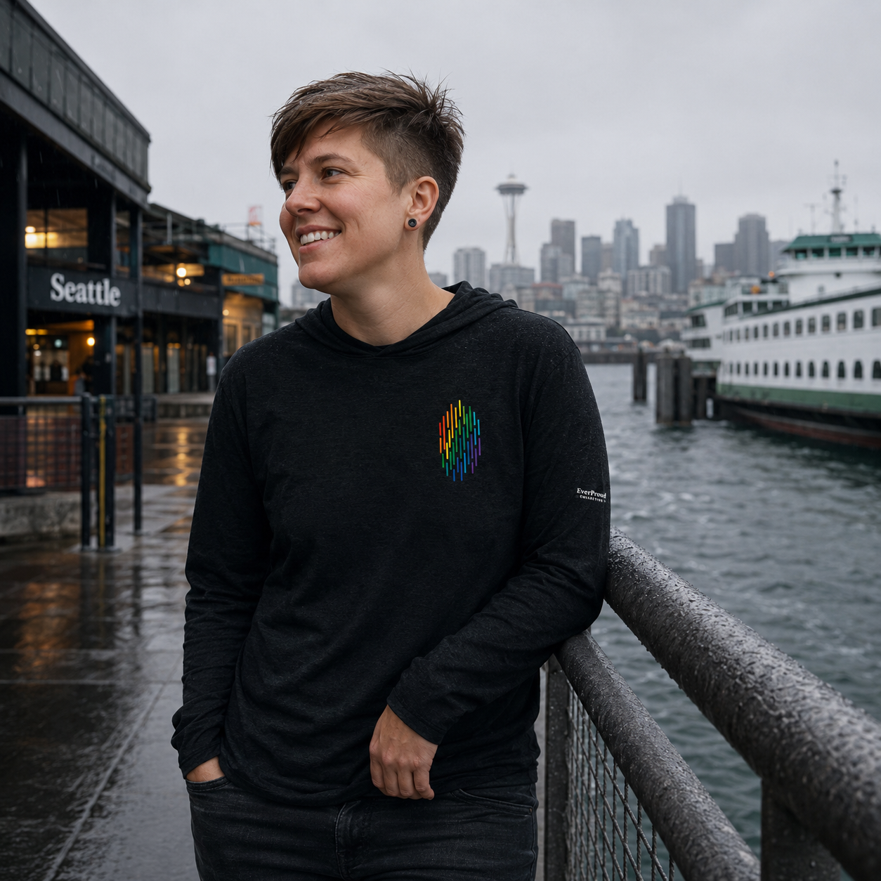 PrideFall Hooded Long Sleeve Tee — queer-owned Pacific Northwest LGBTQ+ Pride apparel, front view