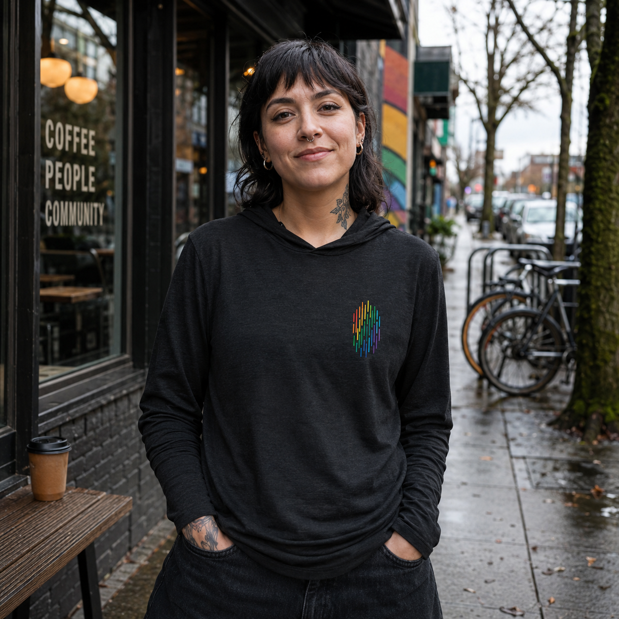 PrideFall Hooded Long Sleeve Tee — queer-owned Pacific Northwest LGBTQ+ Pride apparel, front view