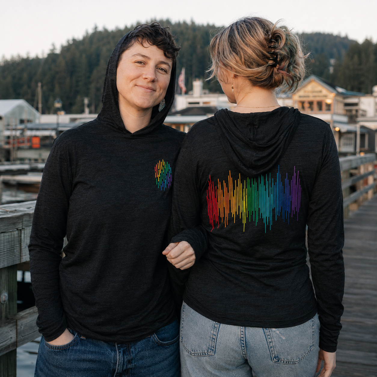 PrideFall Hooded Long Sleeve Tee — queer-owned Pacific Northwest LGBTQ+ Pride apparel, front view