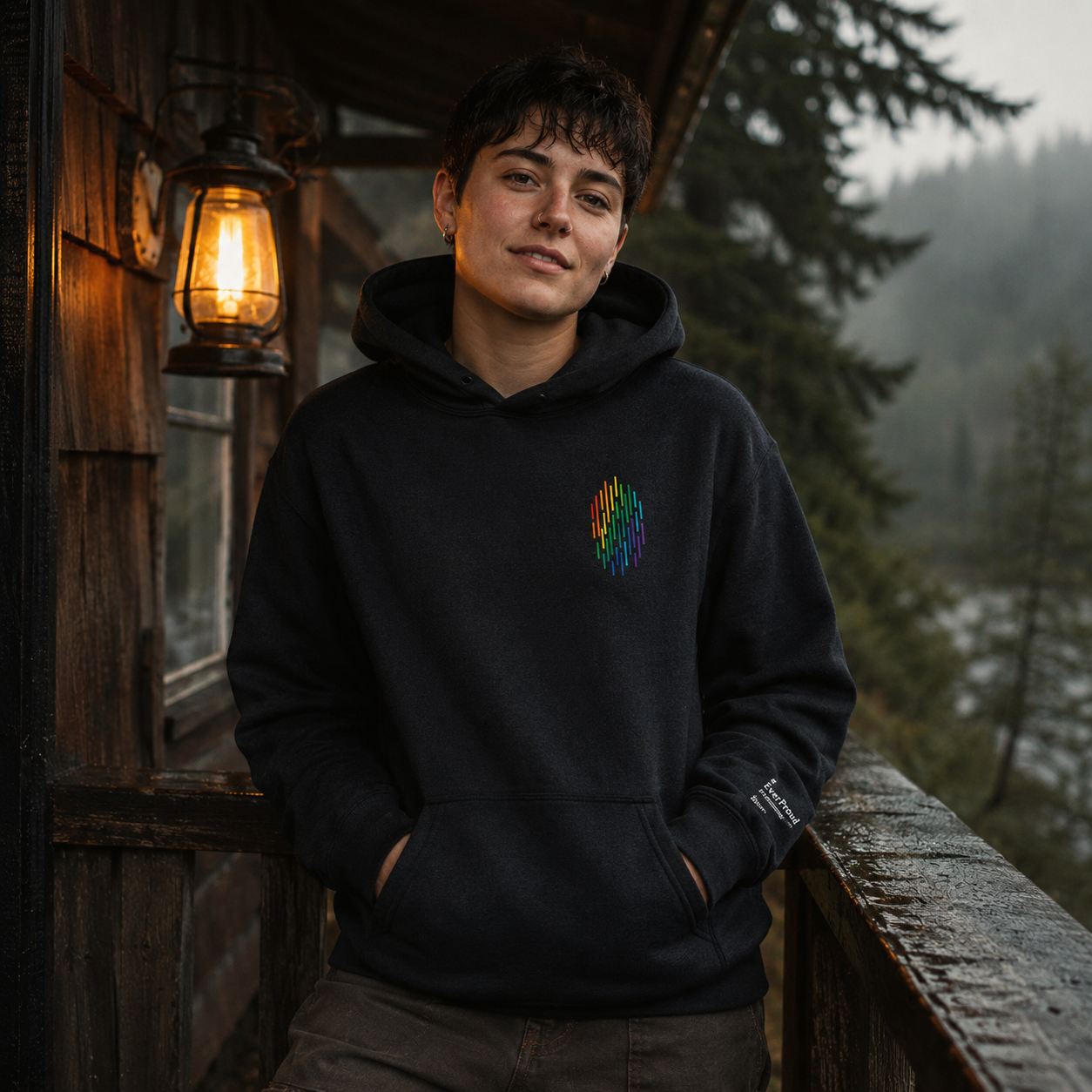 PrideFall Hoodie — queer-owned Pacific Northwest LGBTQ+ Pride apparel, front view