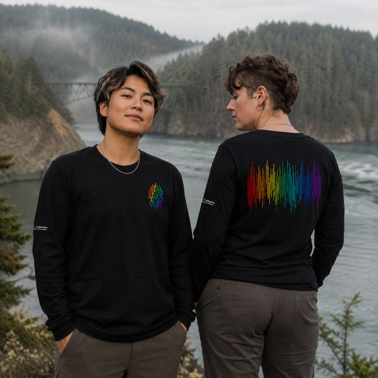 PrideFall Long Sleeve Tee — queer-owned Pacific Northwest LGBTQ+ Pride apparel, front view