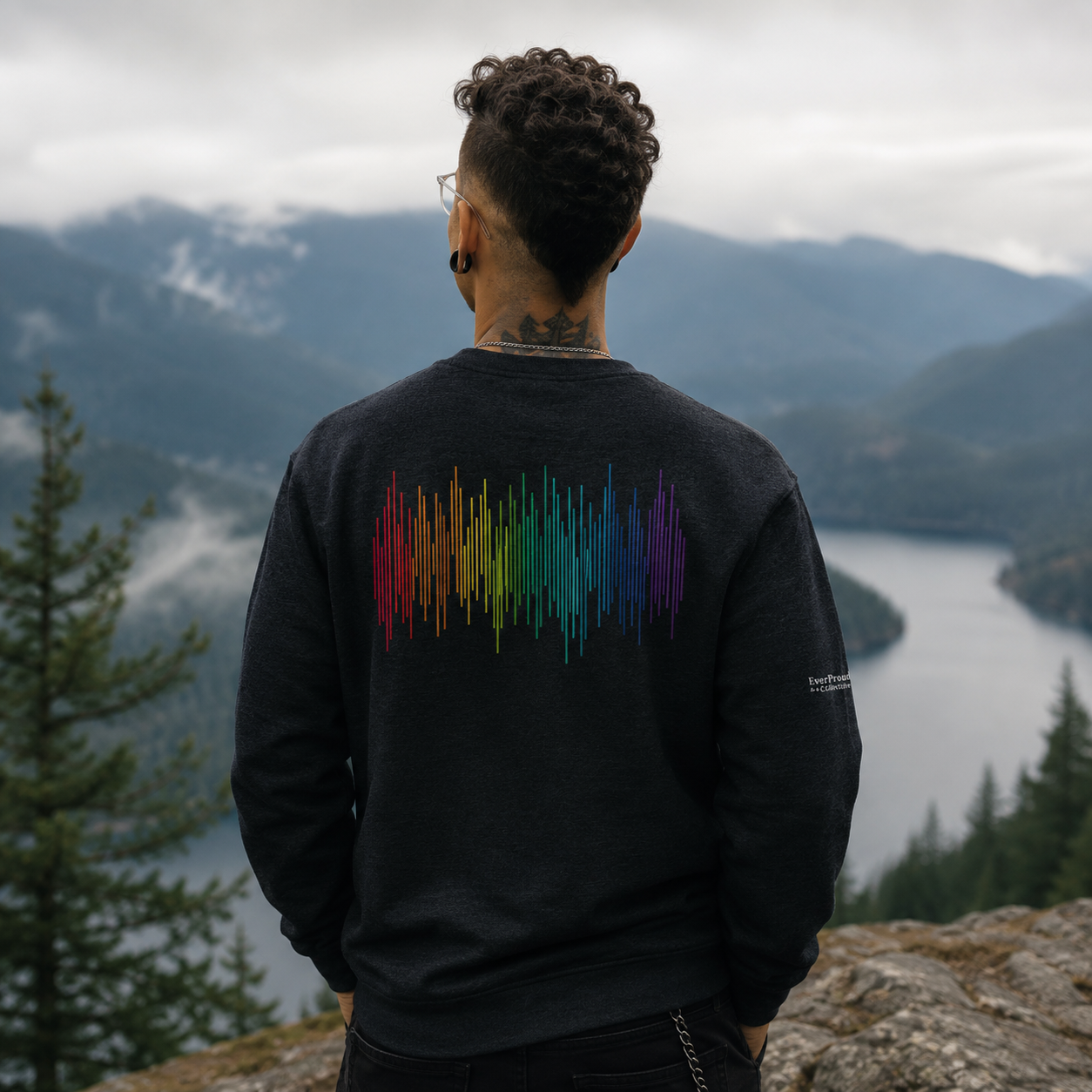 PrideFall Sweatshirt — queer-owned Pacific Northwest LGBTQ+ Pride apparel, back view