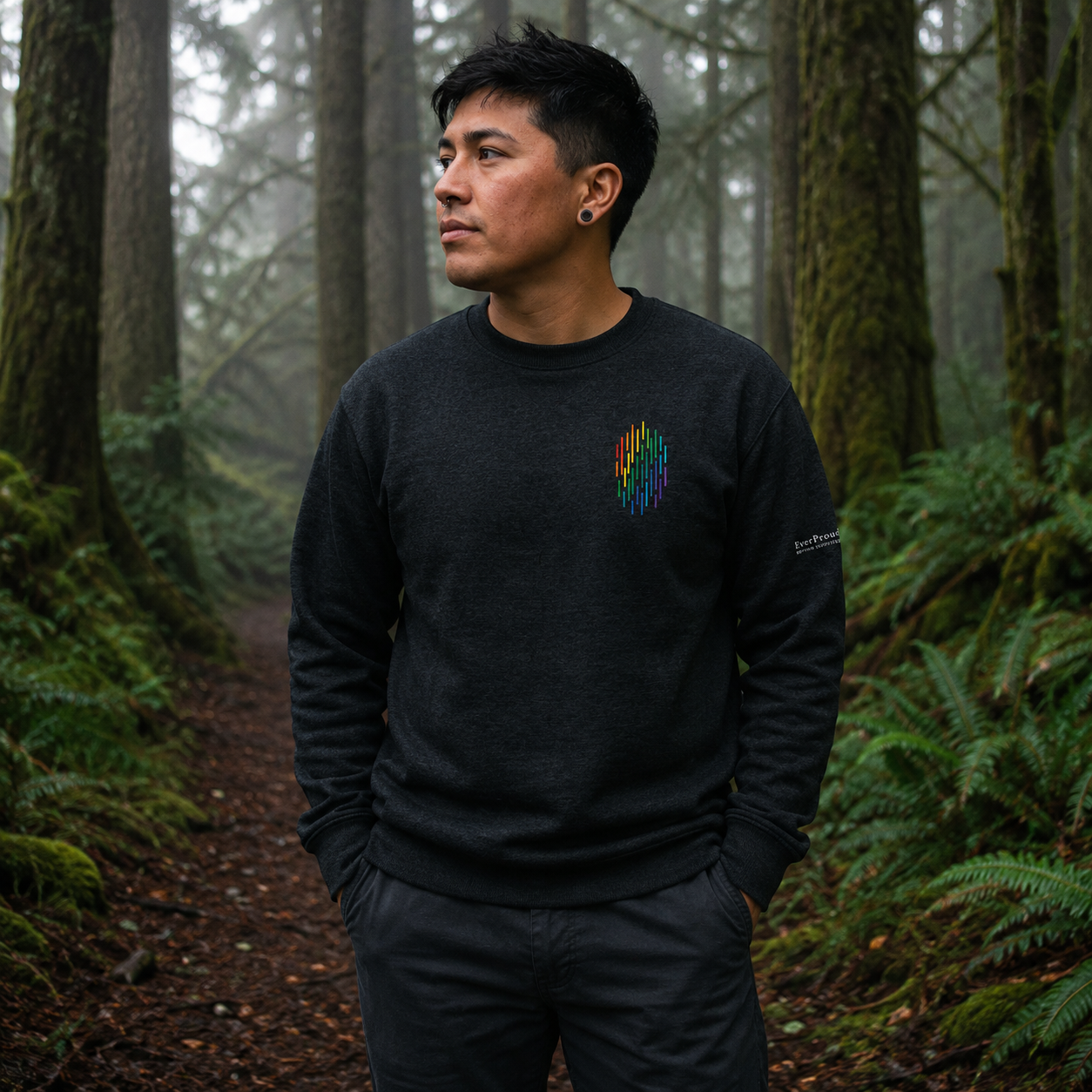 PrideFall Sweatshirt — queer-owned Pacific Northwest LGBTQ+ Pride apparel, front view