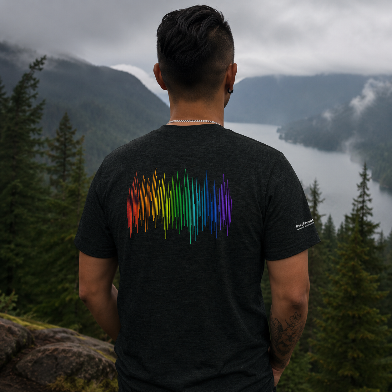 PrideFall T-Shirt — queer-owned Pacific Northwest LGBTQ+ Pride apparel, back view