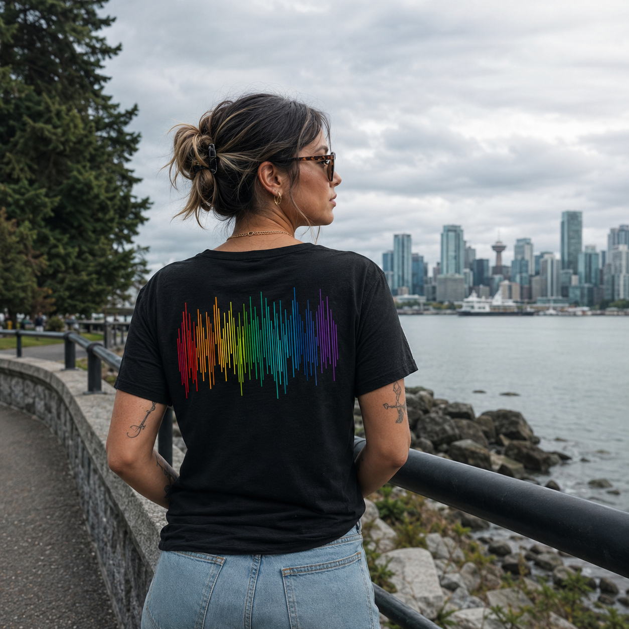 PrideFall Women's Relaxed V-Neck T-Shirt — queer-owned Pacific Northwest LGBTQ+ Pride apparel, back view