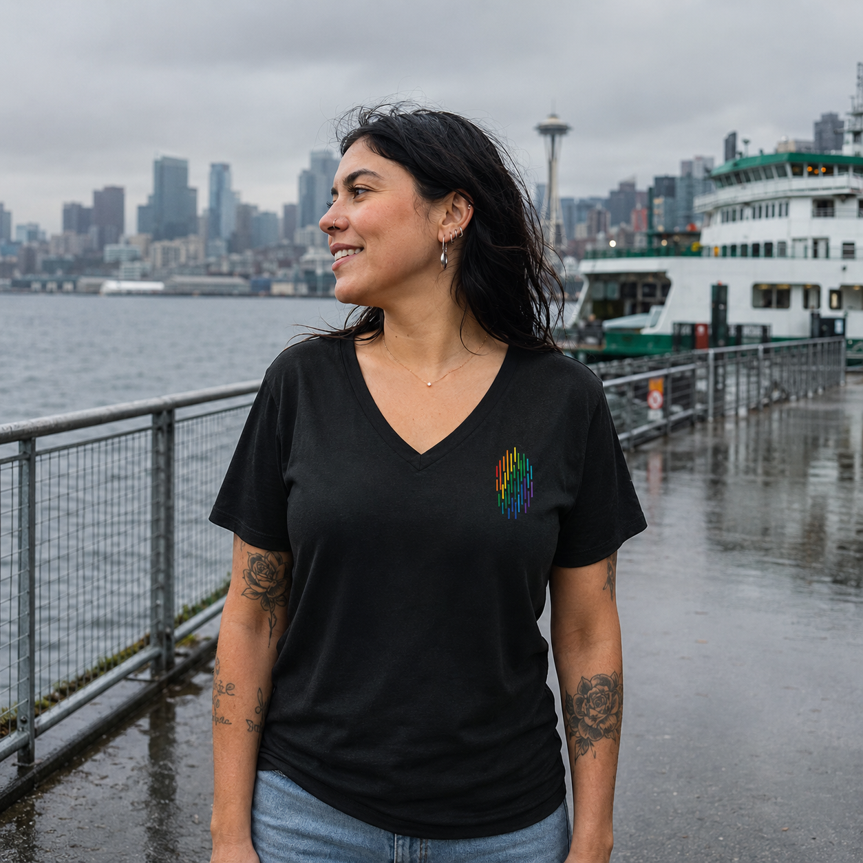 PrideFall Women's Relaxed V-Neck T-Shirt — queer-owned Pacific Northwest LGBTQ+ Pride apparel, front view