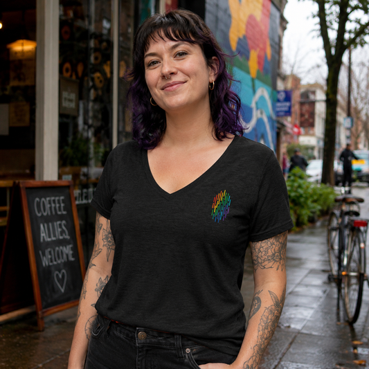 PrideFall Women's Relaxed V-Neck T-Shirt — queer-owned Pacific Northwest LGBTQ+ Pride apparel, front view