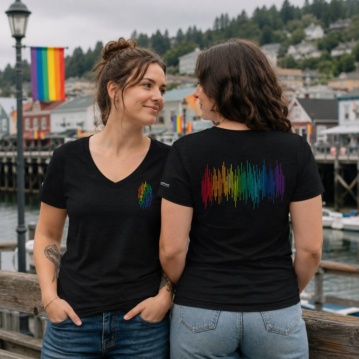 PrideFall Women's Relaxed V-Neck T-Shirt — queer-owned Pacific Northwest LGBTQ+ Pride apparel, front view