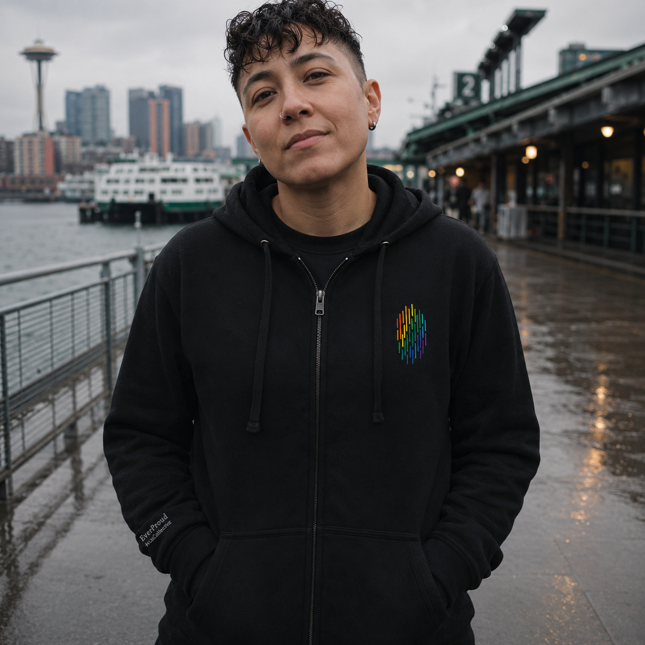 PrideFall Zip Hoodie — queer-owned Pacific Northwest LGBTQ+ Pride apparel, front view