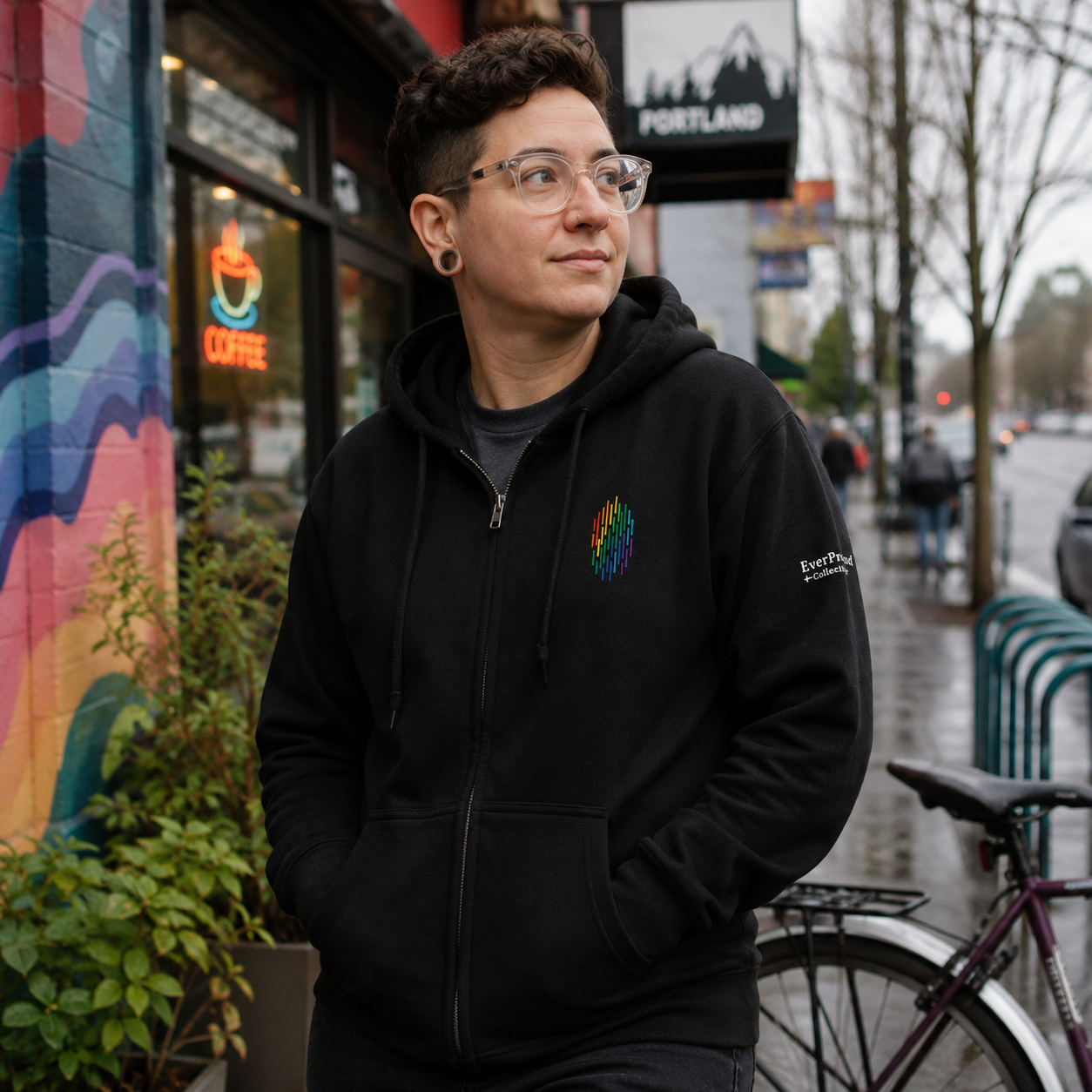 PrideFall Zip Hoodie — queer-owned Pacific Northwest LGBTQ+ Pride apparel, front view