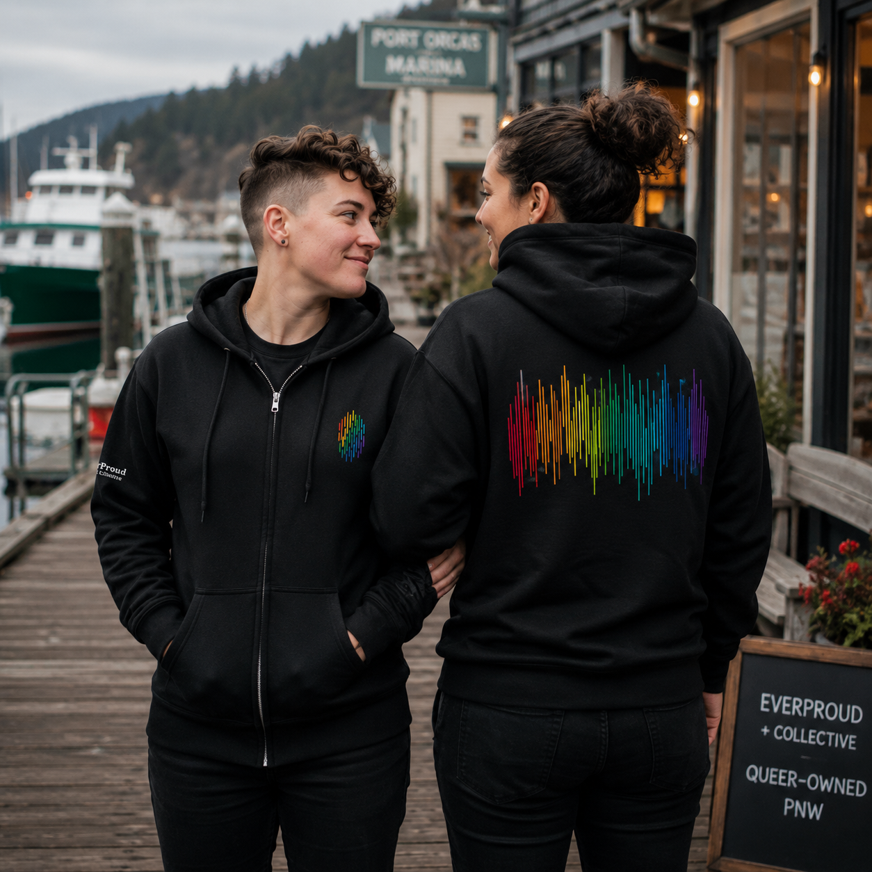 PrideFall Zip Hoodie — queer-owned Pacific Northwest LGBTQ+ Pride apparel, front view