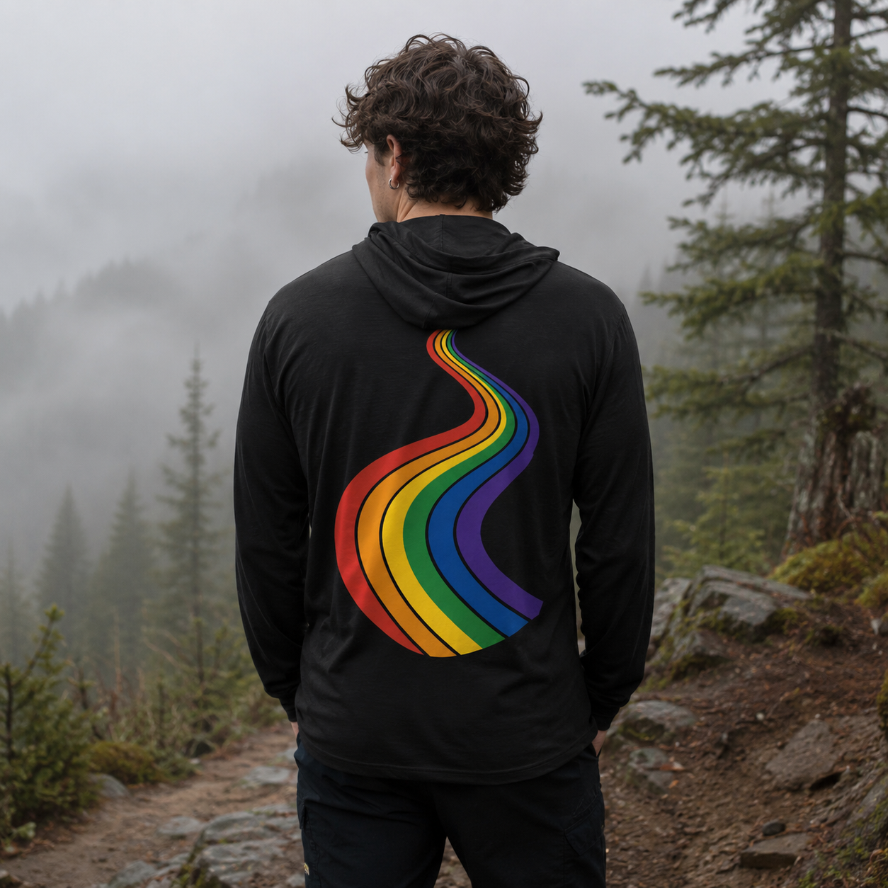 ProudPath Hooded Long Sleeve Tee — queer-owned Pacific Northwest LGBTQ+ Pride apparel, back view
