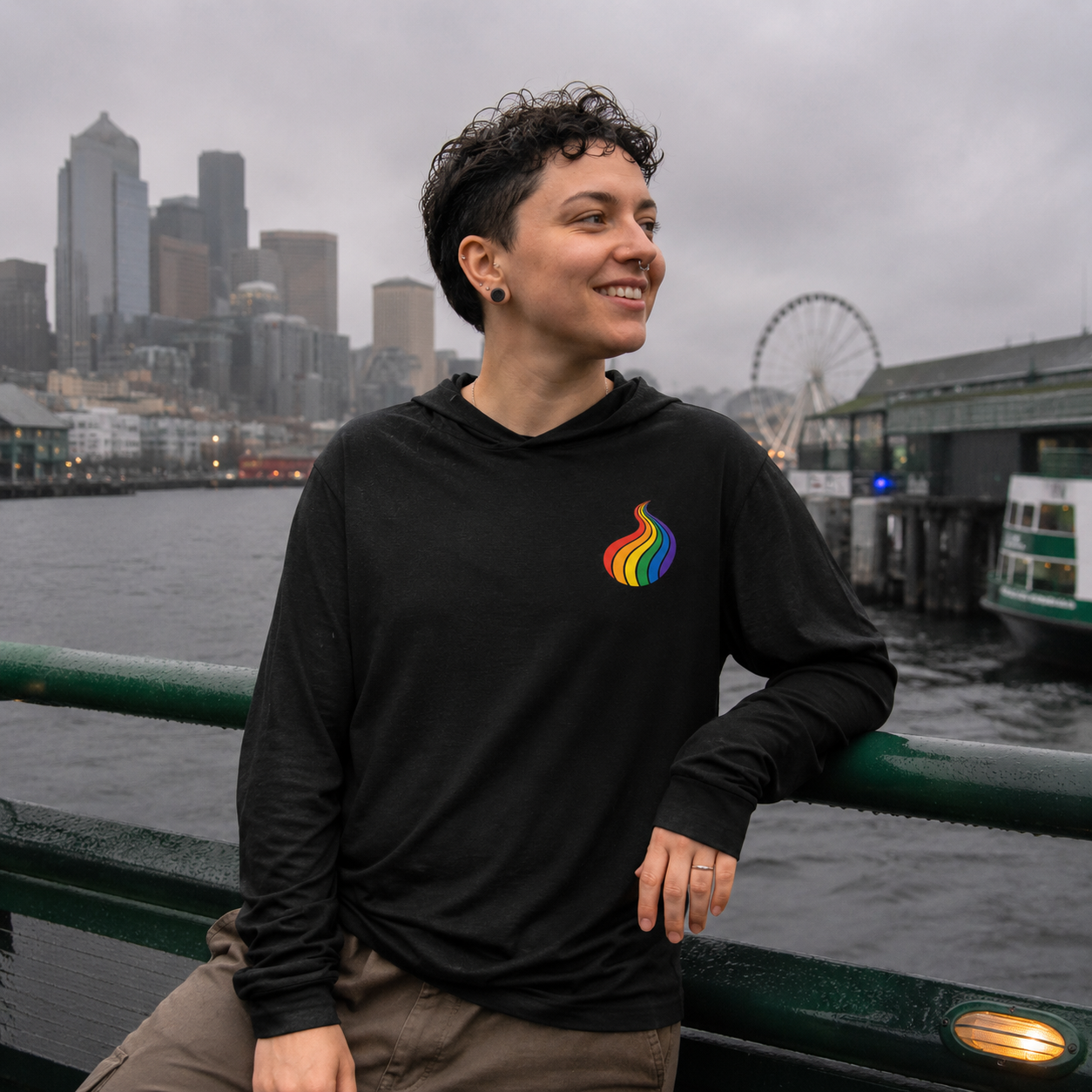 ProudPath Hooded Long Sleeve Tee — queer-owned Pacific Northwest LGBTQ+ Pride apparel, front view