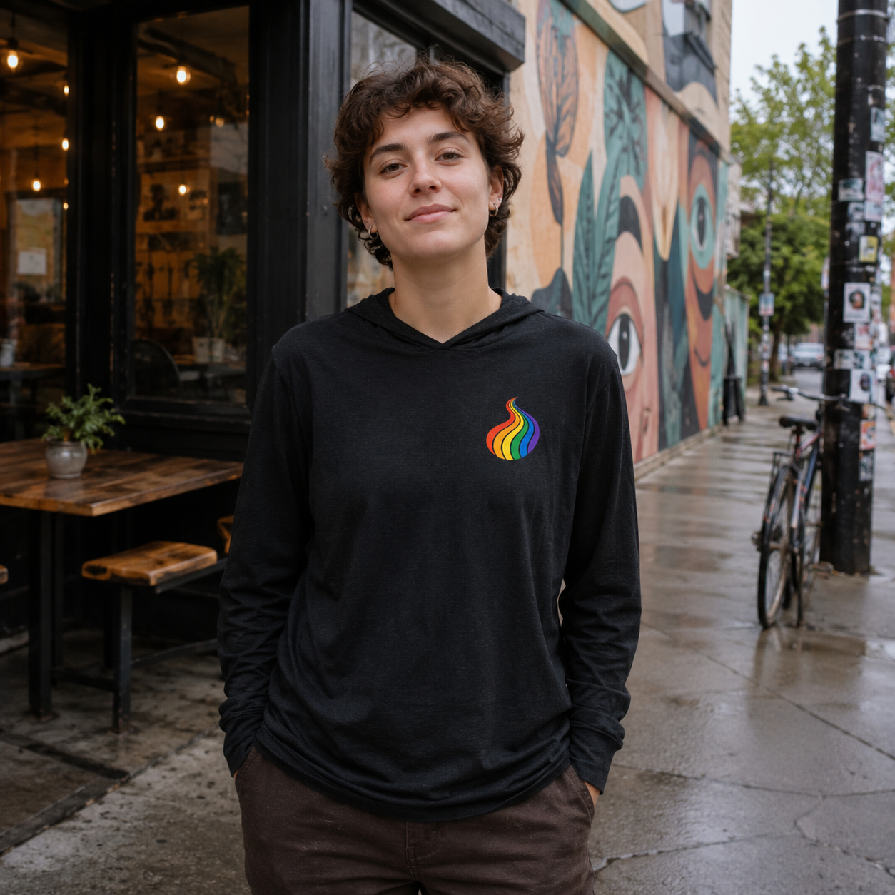 ProudPath Hooded Long Sleeve Tee — queer-owned Pacific Northwest LGBTQ+ Pride apparel, front view