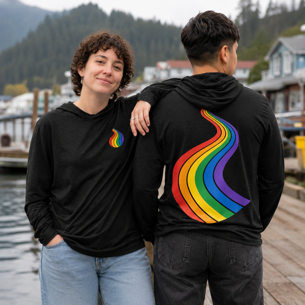 ProudPath Hooded Long Sleeve Tee — queer-owned Pacific Northwest LGBTQ+ Pride apparel, front view