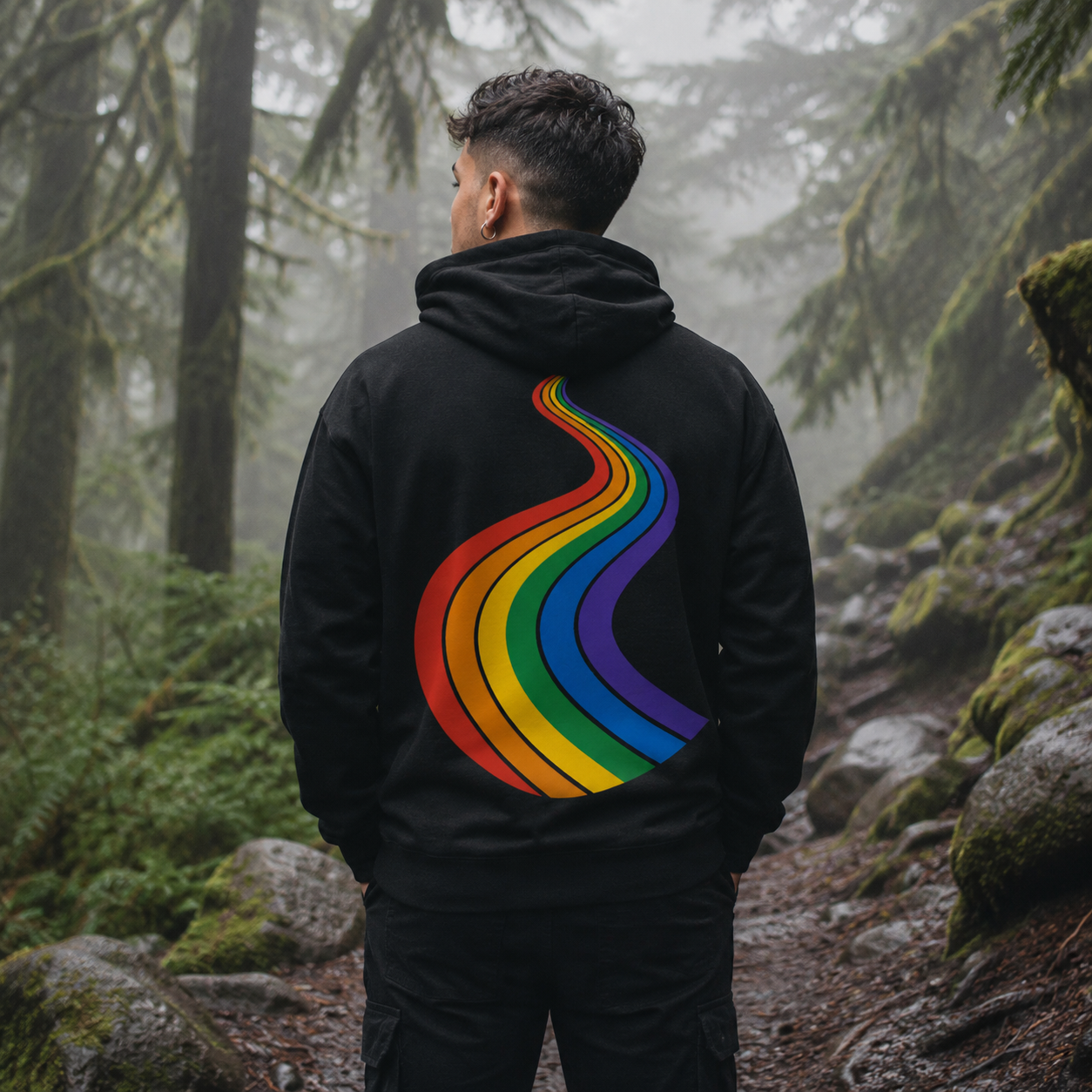 ProudPath Hoodie — queer-owned Pacific Northwest LGBTQ+ Pride apparel, back view