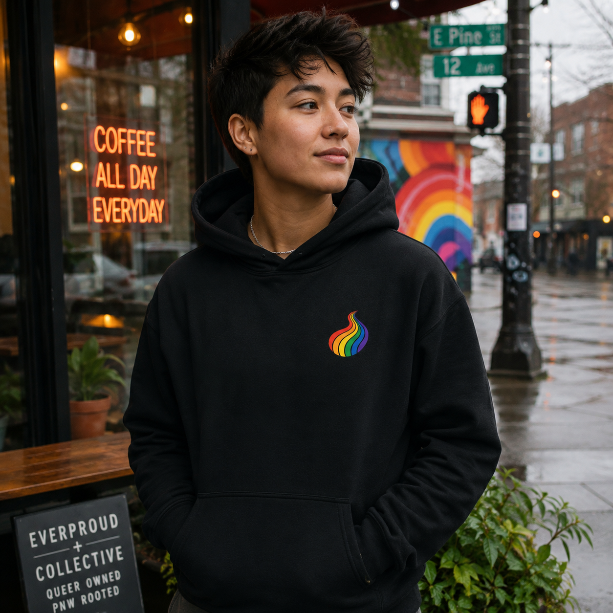 ProudPath Hoodie — queer-owned Pacific Northwest LGBTQ+ Pride apparel, front view