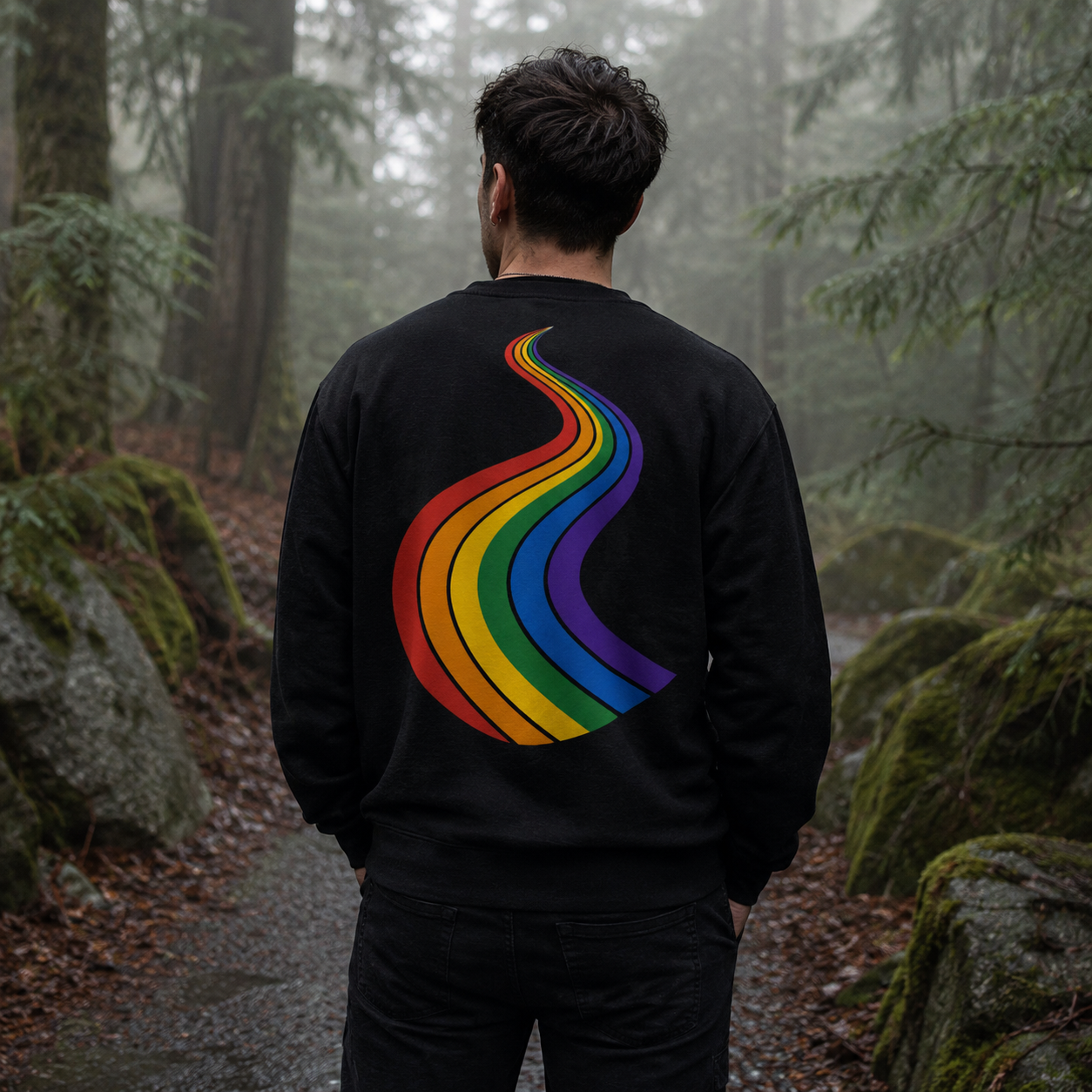 ProudPath Sweatshirt — queer-owned Pacific Northwest LGBTQ+ Pride apparel, back view
