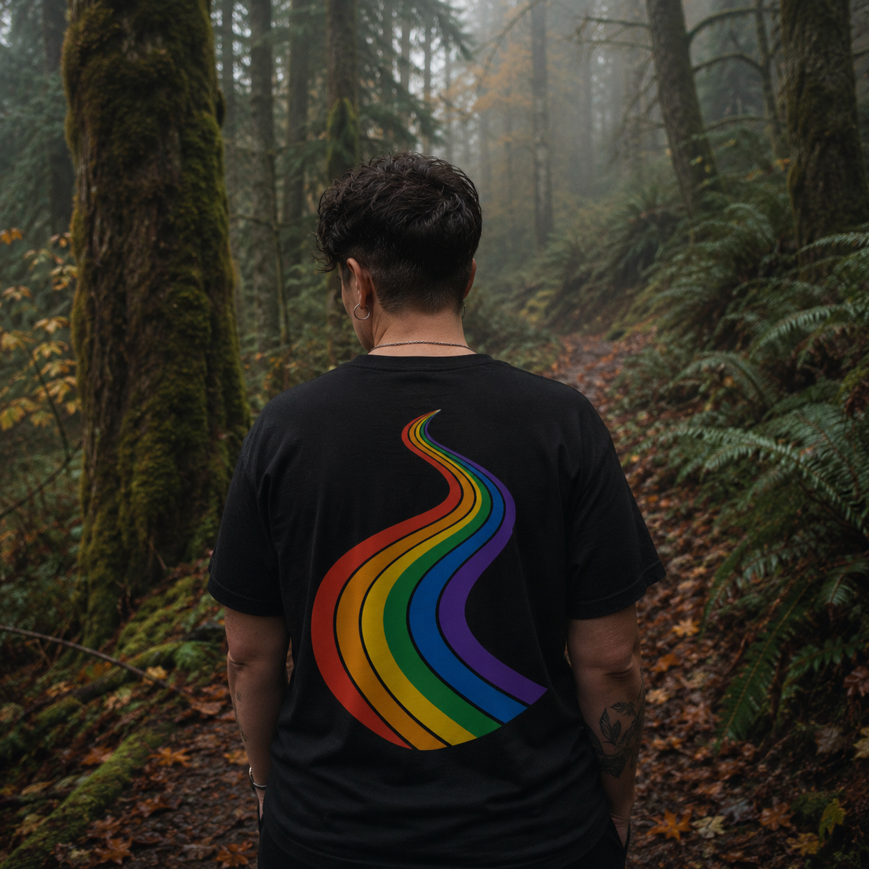 ProudPath T-Shirt — queer-owned Pacific Northwest LGBTQ+ Pride apparel, back view